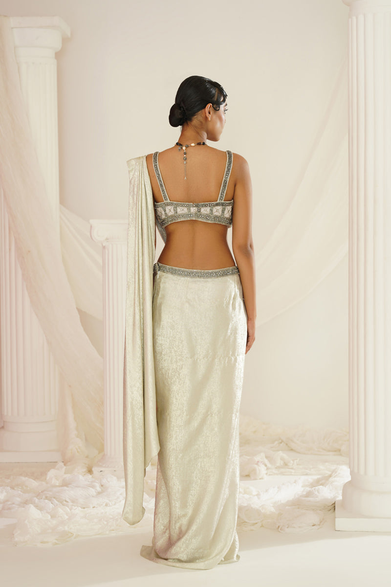 Silver grey embroidered blouse with
 ready to wear drape saree set