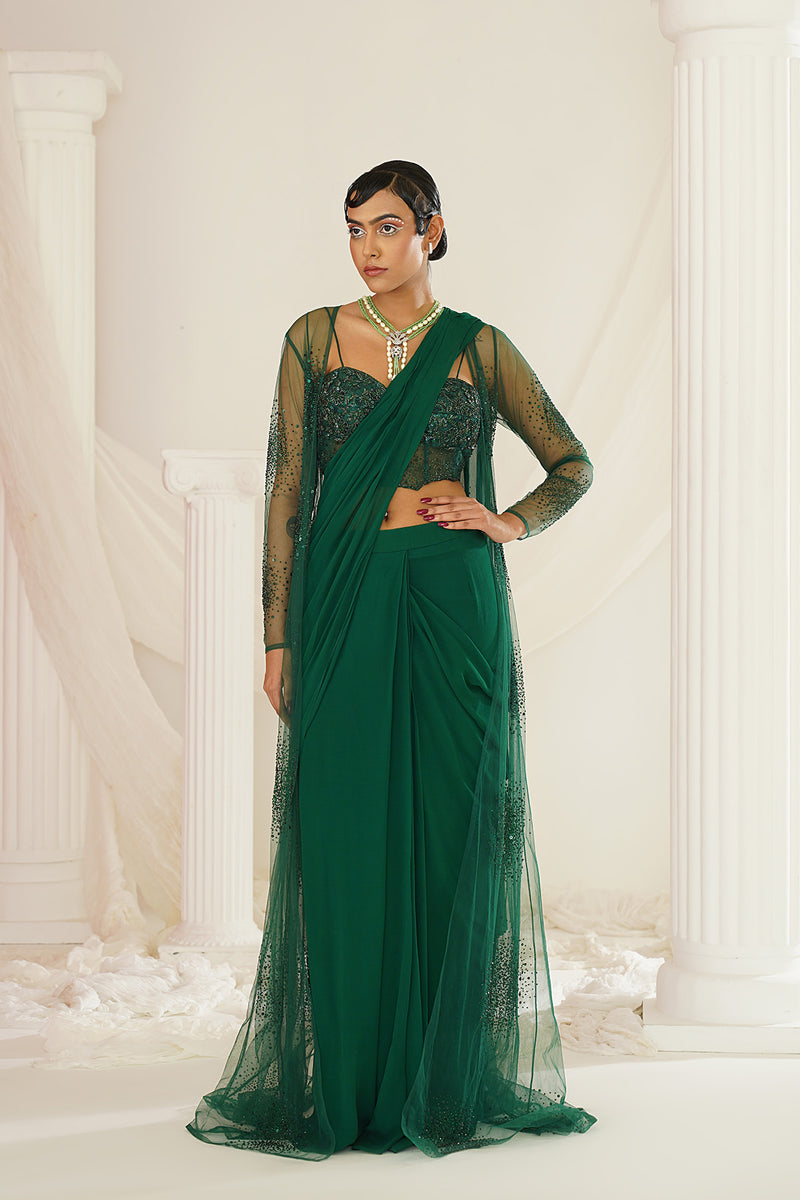 Bottle green embellished Corset blouse, ready to wear saree and long jacket set