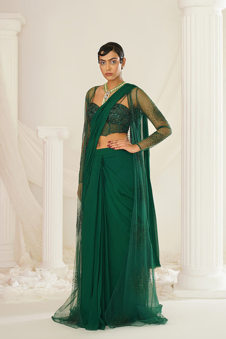 Bottle green embellished Corset blouse, ready to wear saree and long jacket set