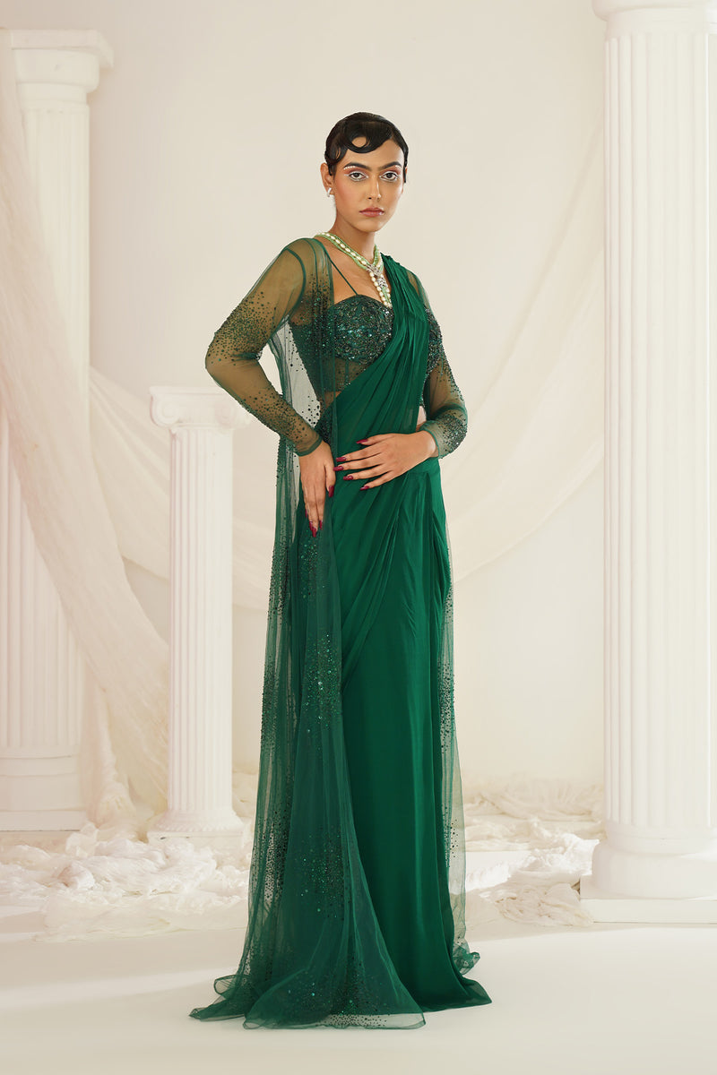 Bottle green embellished Corset blouse, ready to wear saree and long jacket set