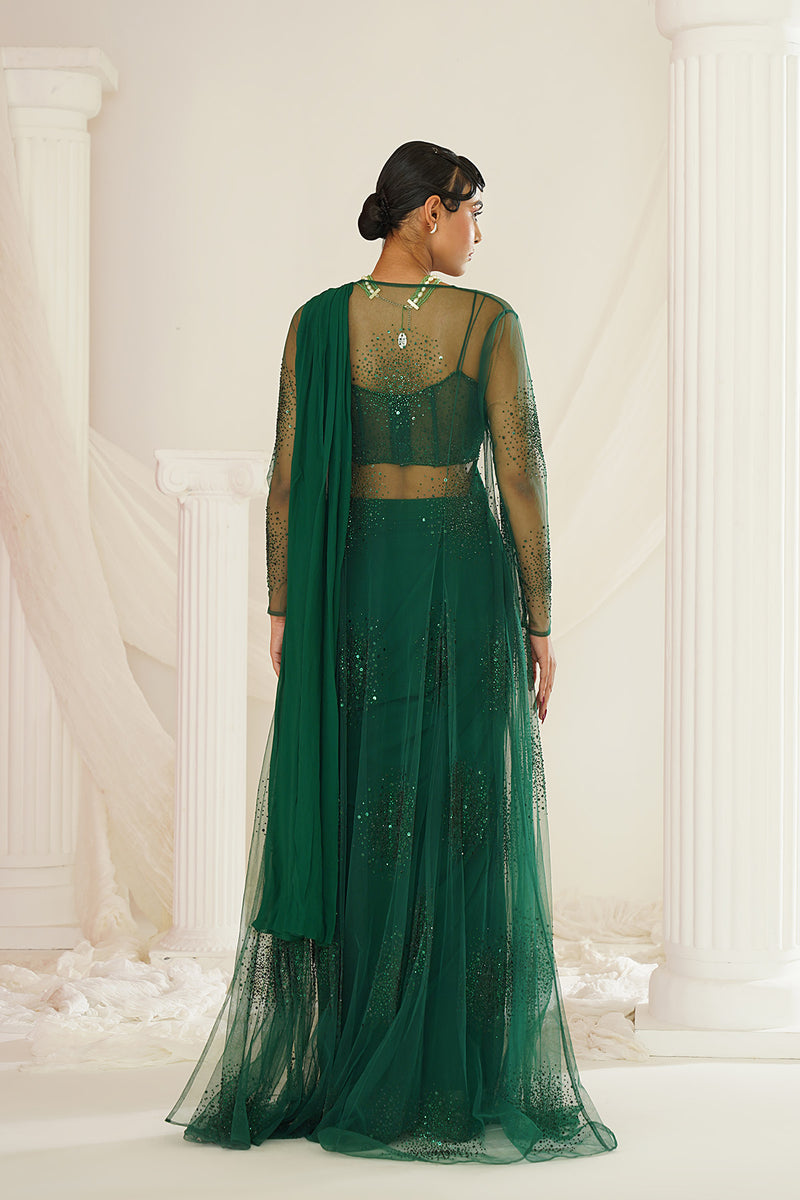 Bottle green embellished Corset blouse, ready to wear saree and long jacket set