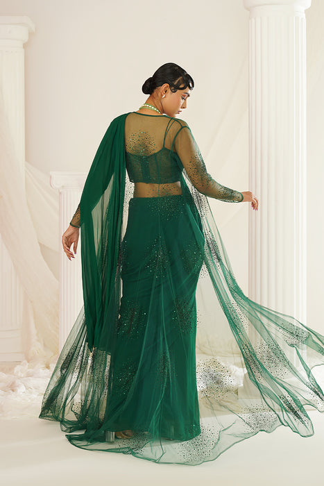 Bottle green embellished Corset blouse, ready to wear saree and long jacket set