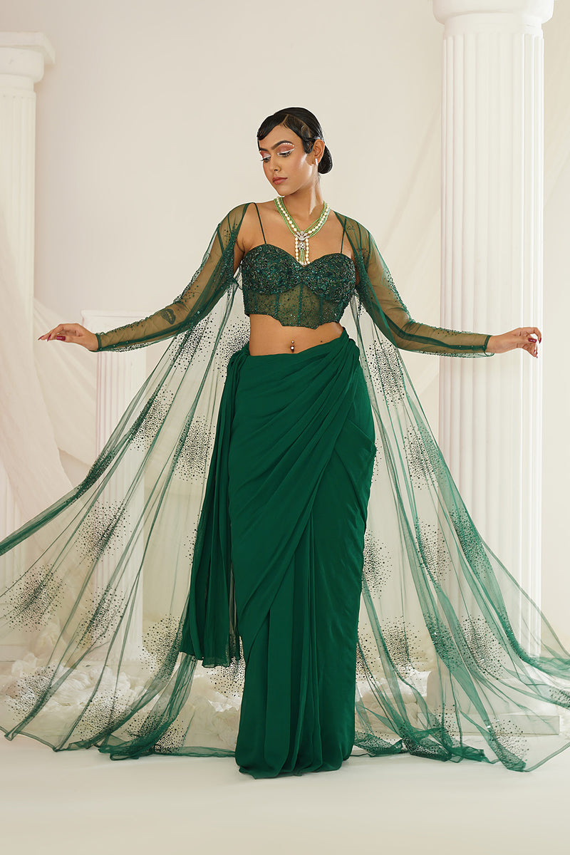 Bottle green embellished Corset blouse, ready to wear saree and long jacket set