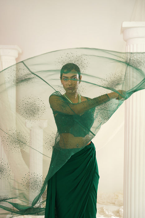 Bottle green embellished Corset blouse, ready to wear saree and long jacket set