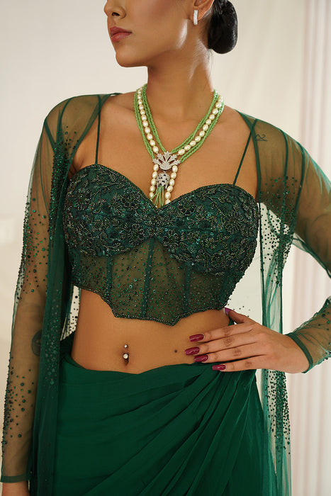 Bottle green embellished Corset blouse, ready to wear saree and long jacket set