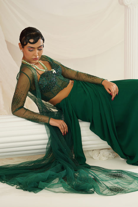 Bottle green embellished Corset blouse, ready to wear saree and long jacket set