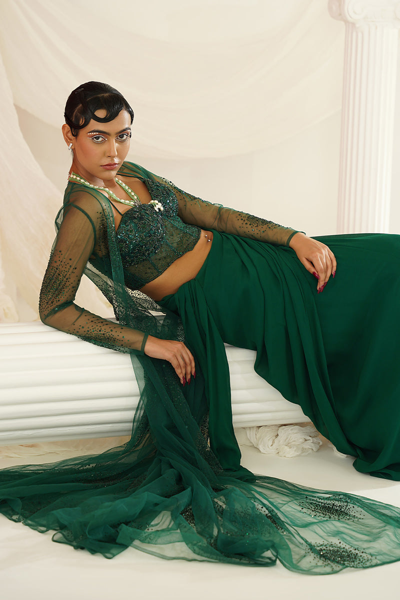 Bottle green embellished Corset blouse, ready to wear saree and long jacket set