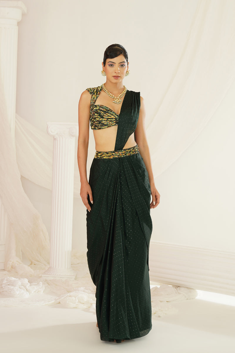 Forest Green embroidered blouse with
 ready to wear drape saree set