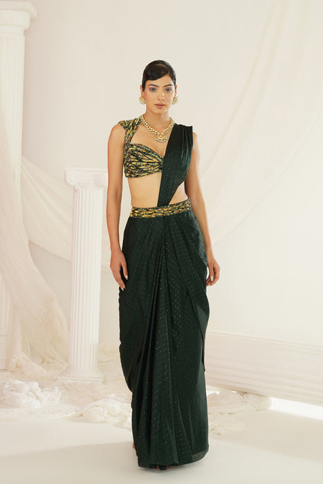 Forest Green embroidered blouse with
 ready to wear drape saree set
