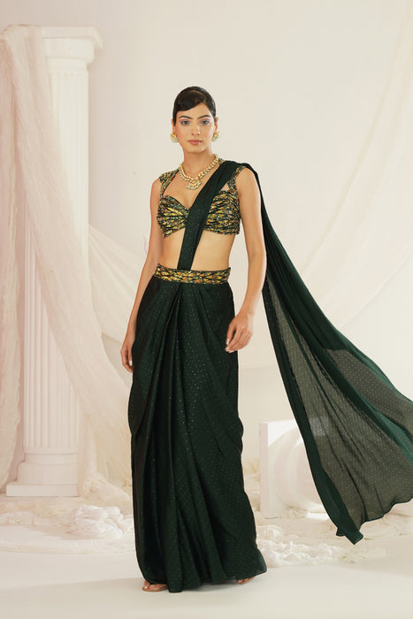 Forest Green embroidered blouse with
 ready to wear drape saree set