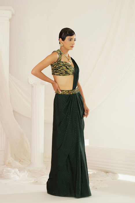 Forest Green embroidered blouse with
 ready to wear drape saree set