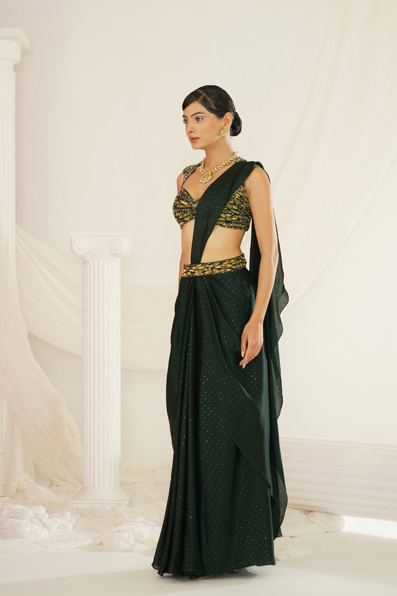Forest Green embroidered blouse with
 ready to wear drape saree set