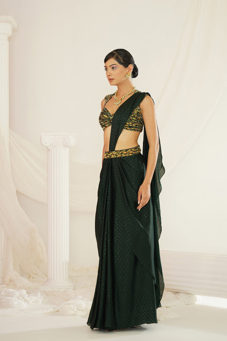 Forest Green embroidered blouse with
 ready to wear drape saree set