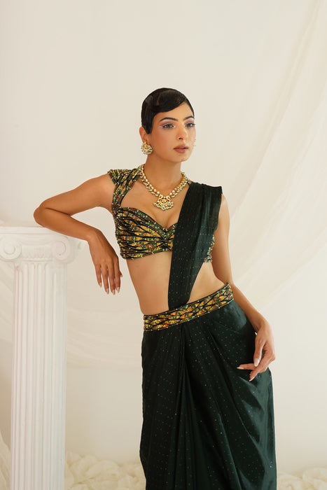Forest Green embroidered blouse with
 ready to wear drape saree set