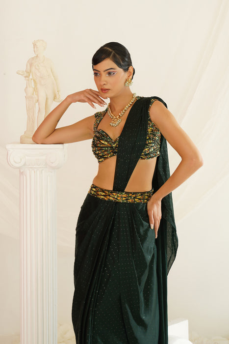 Forest Green embroidered blouse with
 ready to wear drape saree set