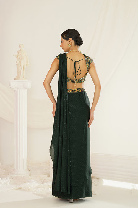 Forest Green embroidered blouse with
 ready to wear drape saree set