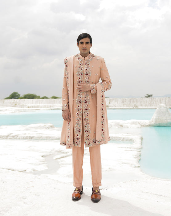 Peach sherwani with shirt, pants and shawl