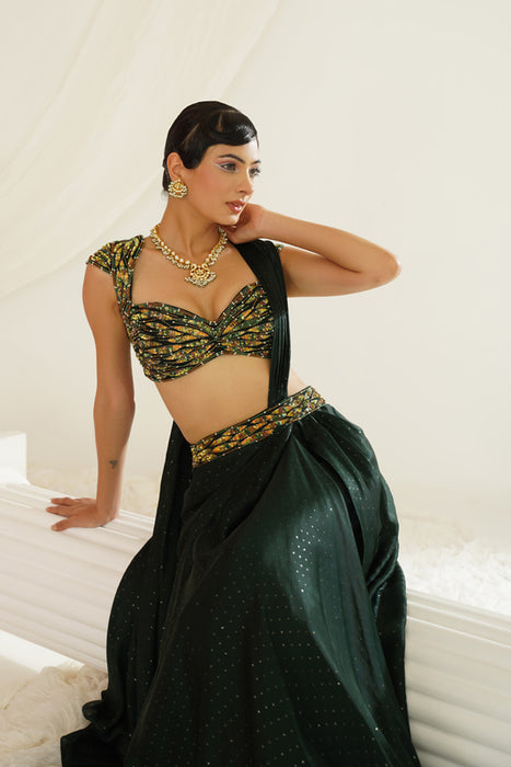 Forest Green embroidered blouse with
 ready to wear drape saree set