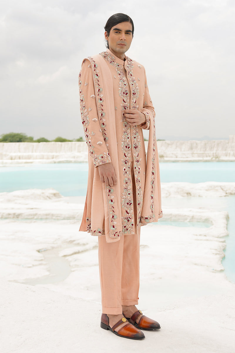 Peach sherwani with shirt, pants and shawl