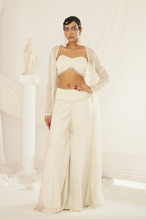ivory crytals and pearl embroidered blouse, palazzo jacket set