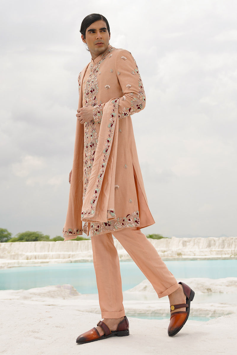 Peach sherwani with shirt, pants and shawl