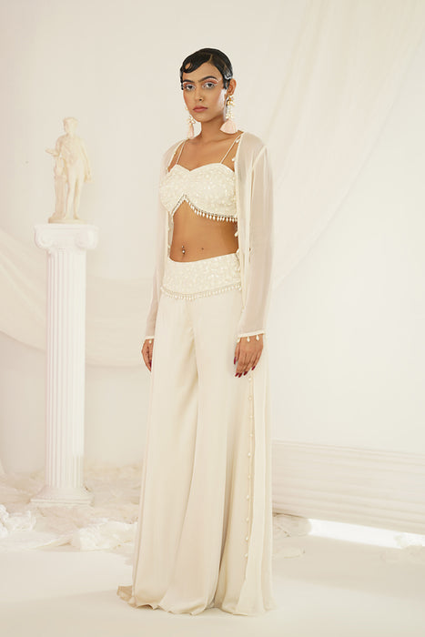 ivory crytals and pearl embroidered blouse, palazzo jacket set