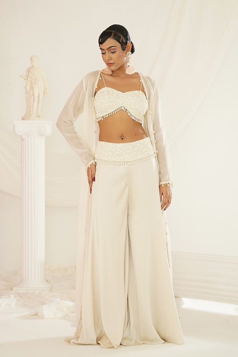 ivory crytals and pearl embroidered blouse, palazzo jacket set