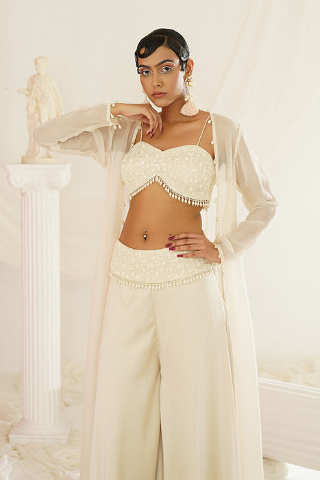 ivory crytals and pearl embroidered blouse, palazzo jacket set