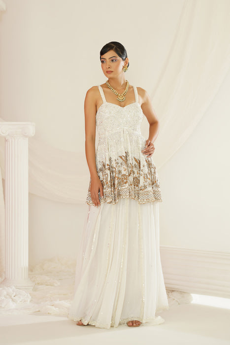 White embroidered sharara with pelpum and dupatta set