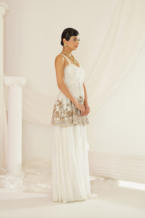 White embroidered sharara with pelpum and dupatta set