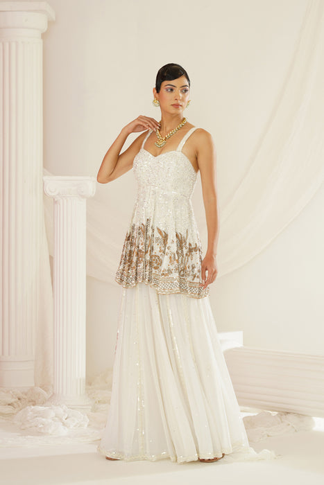 White embroidered sharara with pelpum and dupatta set