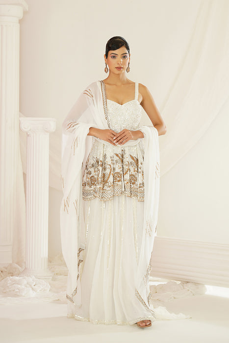 White embroidered sharara with pelpum and dupatta set