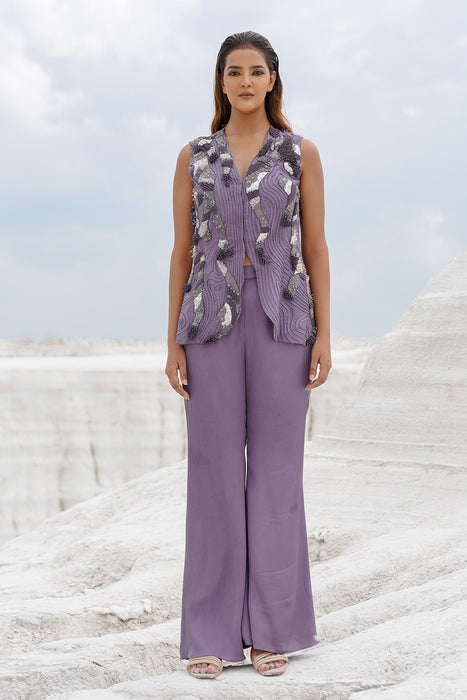 faded lilac front opening blouse with straight pants