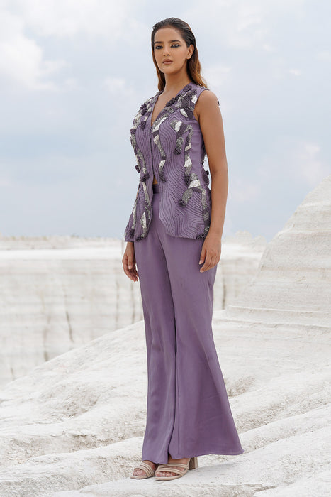 faded lilac front opening blouse with straight pants