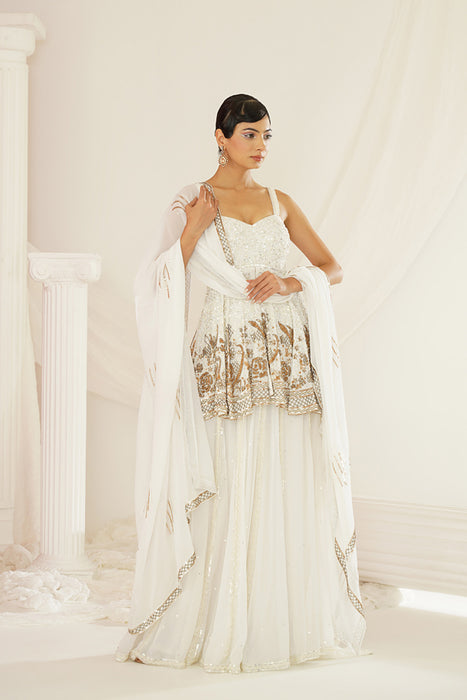 White embroidered sharara with pelpum and dupatta set