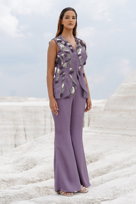 faded lilac front opening blouse with straight pants