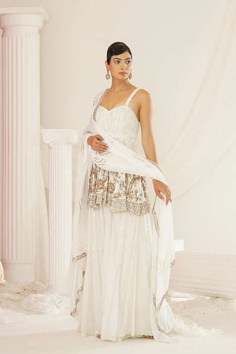 White embroidered sharara with pelpum and dupatta set