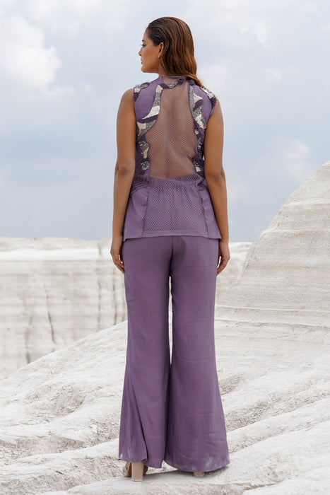 faded lilac front opening blouse with straight pants
