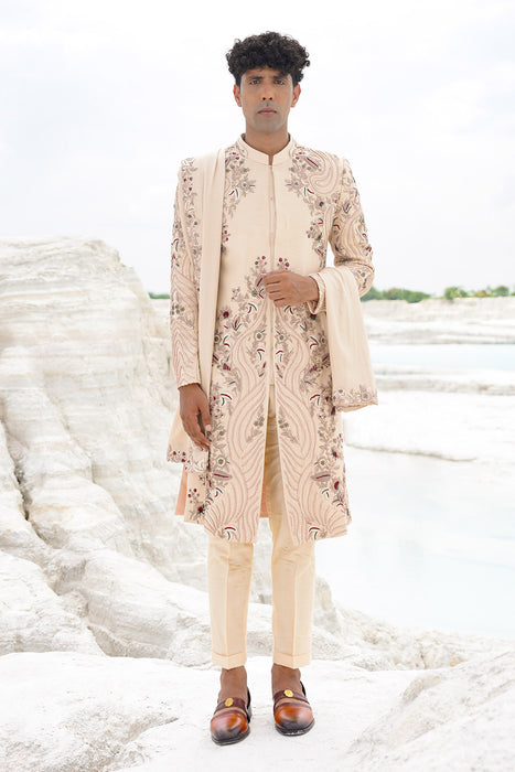 Cream Sherwani with cream shirt, pants and shawl