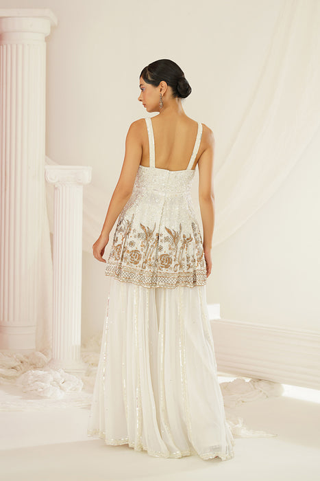 White embroidered sharara with pelpum and dupatta set