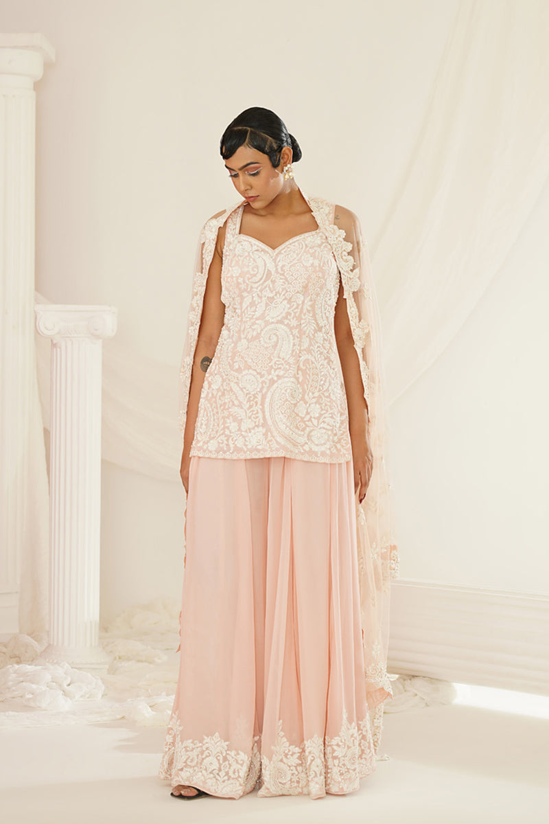 Blush pink embellished kurta, pallazo and dupatta set