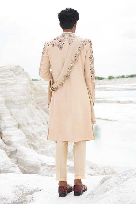 Cream Sherwani with cream shirt, pants and shawl