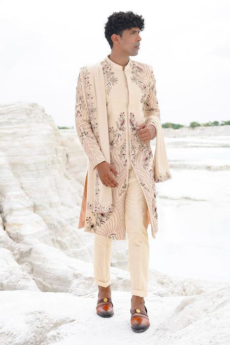 Cream Sherwani with cream shirt, pants and shawl