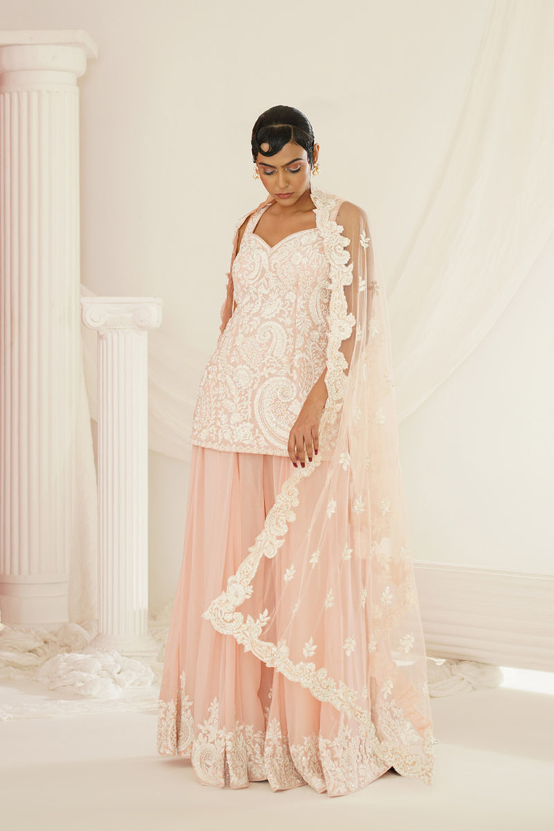 Blush pink embellished kurta, pallazo and dupatta set