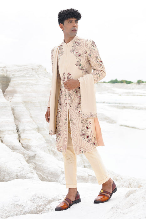 Cream Sherwani with cream shirt, pants and shawl