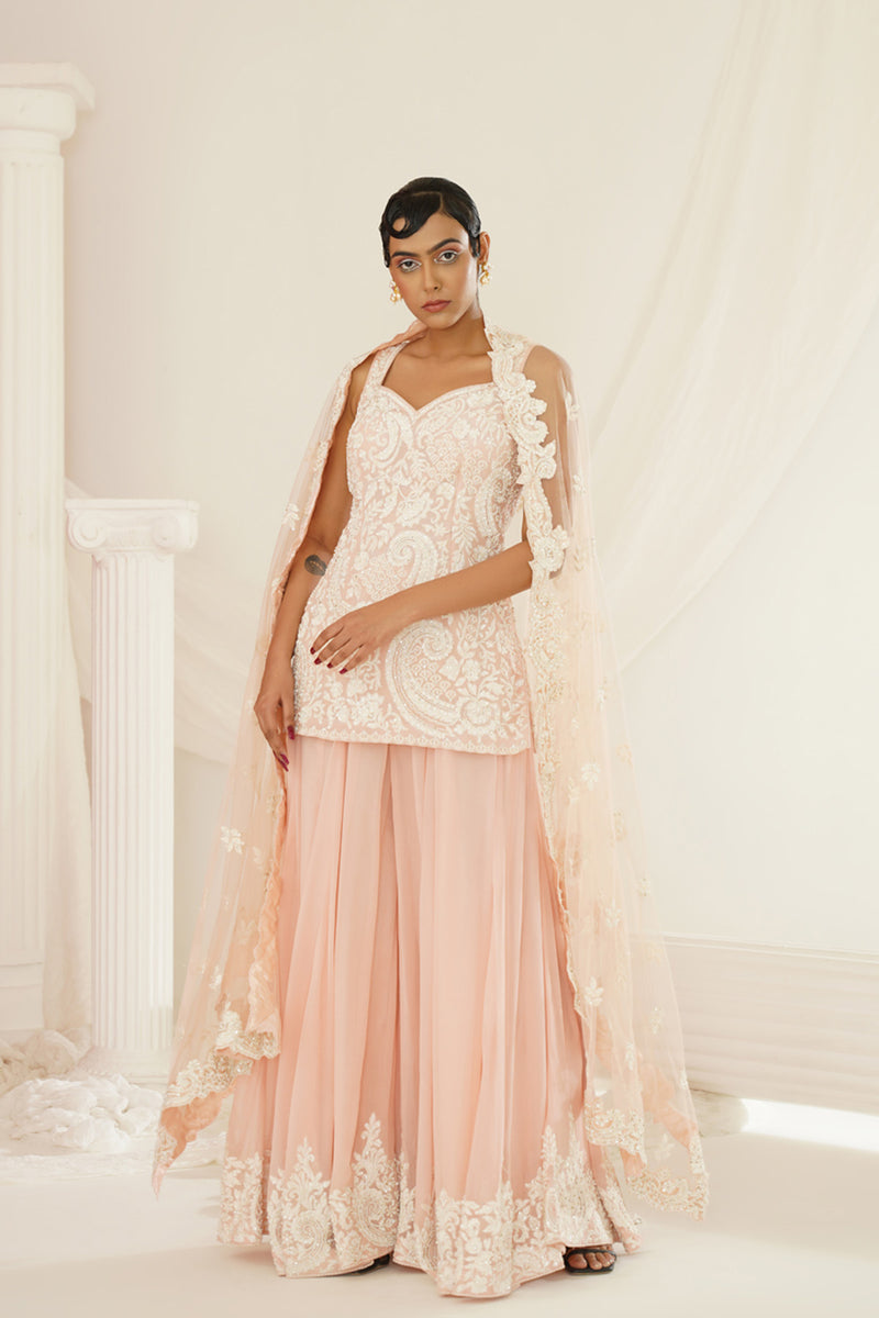 Blush pink embellished kurta, pallazo and dupatta set