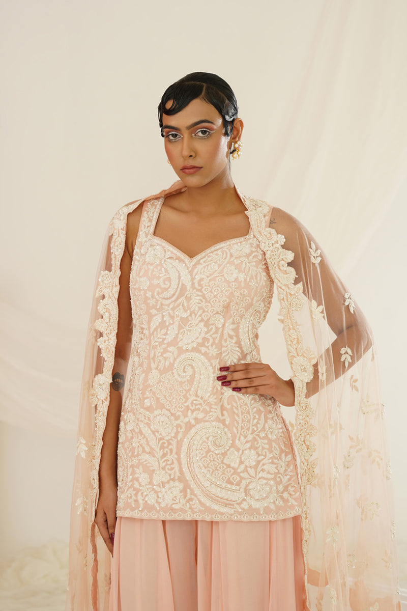 Blush pink embellished kurta, pallazo and dupatta set