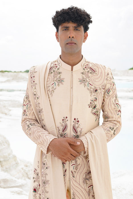 Cream Sherwani with cream shirt, pants and shawl