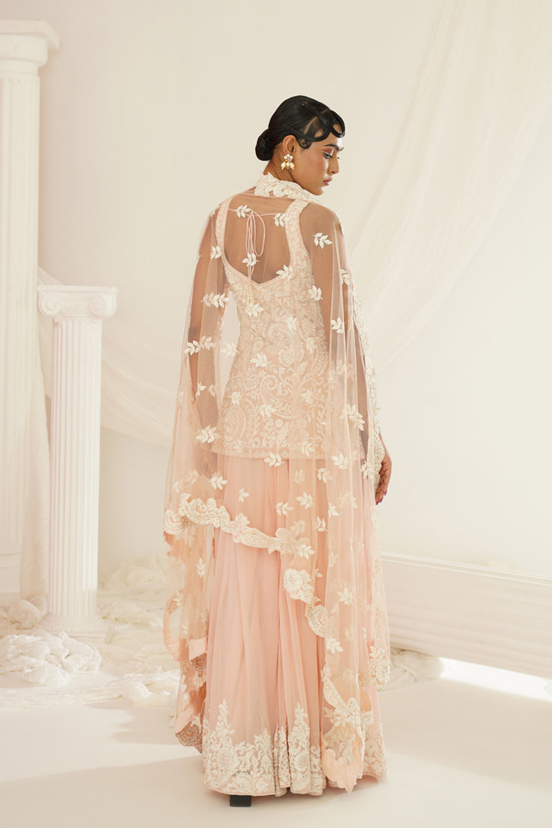 Blush pink embellished kurta, pallazo and dupatta set