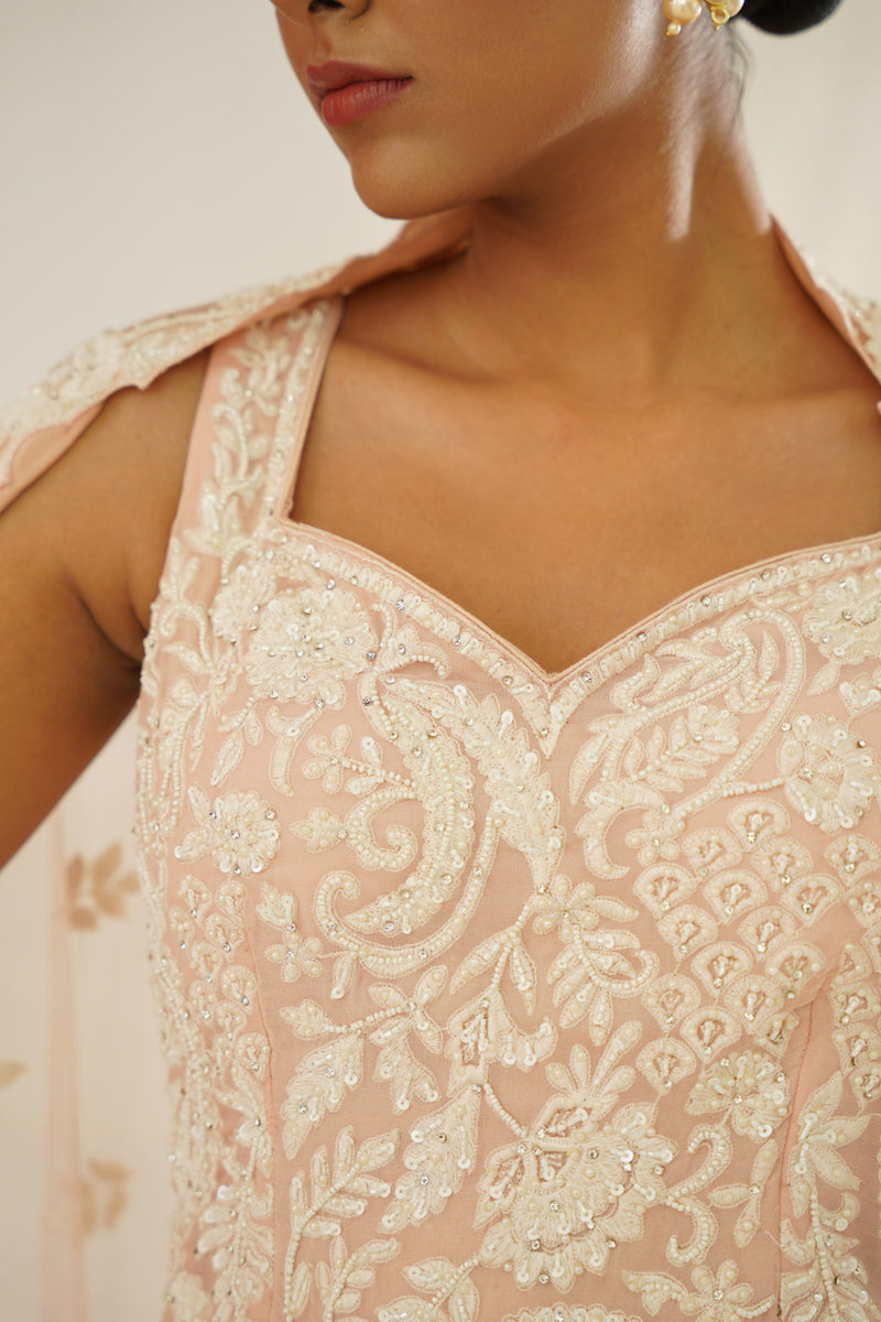 Blush pink embellished kurta, pallazo and dupatta set